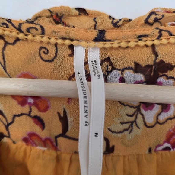 Anthropologie Floral Surplice Neck Blouse Ruffles Size Medium Yellow Red Cropped - Picture 7 of 12
